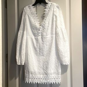 White Eyelet Embroidered Deep V-Neck Long Sleeve Mini Dress Rodeo Western Summer